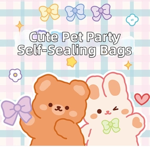Close-up of cute cartoon bear and rabbit patterns on colorful resealable storage bags