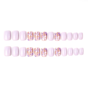 Short square press-on nails set with lavender purple base and floral pattern designs