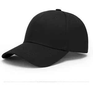 Detailed side view of a black baseball cap with six-panel structure and curved brim