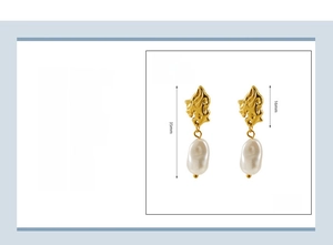 Detail view of 18k gold plated stainless steel pearl earrings with size dimensions