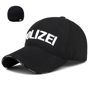 Black cotton baseball cap with white POLIZEI embroidery and adjustable metal buckle