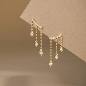 Detail view of S925 silver fringe star earrings with zircon inlay in gold finish
