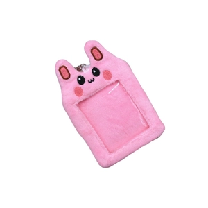 Pink plush rabbit photo card holder with metal keychain and transparent PVC window