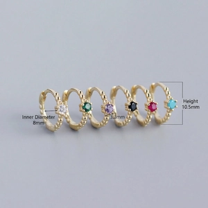 Set of six S925 sterling silver hoop earrings with colorful round zirconia stones