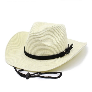 Breathable cream straw cowboy hat with wide roll brim and adjustable chin strap