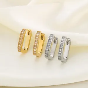U Shape Geometric Hoop Earrings Stainless Steel With Rectangular Zircon Rhinestone Inset Minimalist Chic Jewelry For Women
