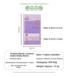 Detail showing cute bear index sticky notes with specifications on a white background
