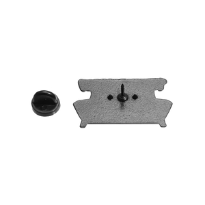 Detailed back view of a black metal enamel pin with a secure rubber clutch closure
