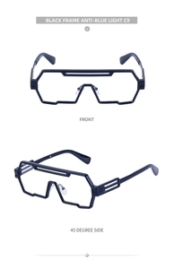 Front and side view of black geometric frame anti-blue light glasses with hollow top bar