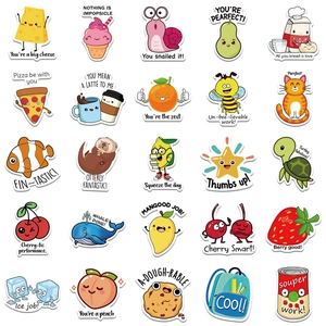 Detailed 5x5 grid view of 25 cute cartoon stickers with funny English puns and animals
