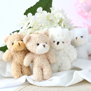 Fluffy teddy bear charms in brown and white colors with soft curly plush and bead chains