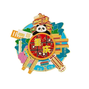Rotating metal Chongqing souvenir fridge magnet featuring Hongyadong and panda icons