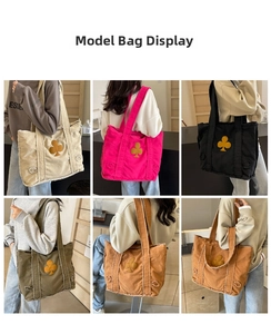 Collage of model wearing large vintage denim tote bags in multiple colors with floral patch