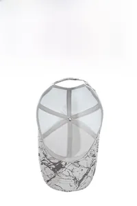 Close-up of marble pattern brim and breathable grey mesh on men's outdoor sun cap