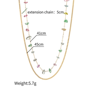 Detail of layered gold necklace showing 41cm and 45cm lengths with colorful gravel stones
