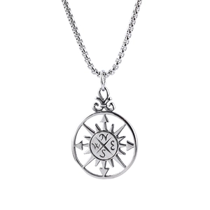 Silver Viking compass pendant necklace in stainless steel with nautical cross design