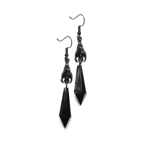 Gothic black bat earrings with long geometric drops on a clean white background
