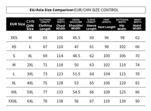 Detailed size chart for men's casual tracksuit featuring European and Asian measurements