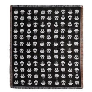 Bohemian black and white skull pattern woven picnic blanket with colorful fringed edges