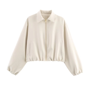 Fashionable cream white faux leather puffer jacket with zipper and lapel collar design