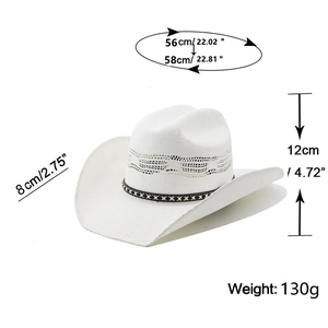 Size chart for woven straw cowboy hat showing 58cm head girth and 8cm brim details