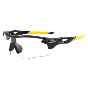 Streamlined black and yellow sports sunglasses for cycling with semi-rimless lenses