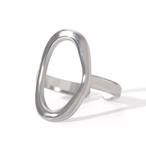 Close-up of a silver-polished stainless steel open ring with an oval cutout design