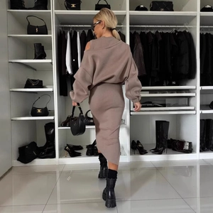 Women's 2-piece taupe knit set featuring off-shoulder sweater and ribbed midi skirt