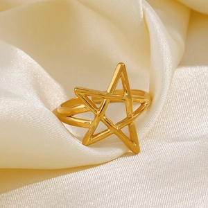 Exaggerated stainless steel star hollow ring with adjustable gold plated band on silk
