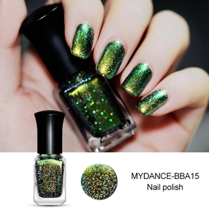 Detail of MYDANCE-BBA15 green glitter nail polish with starry chameleon shimmer finish