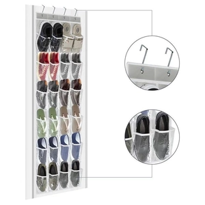 Detail view of 24-grid over-the-door organizer with metal hooks and clear PVC pockets