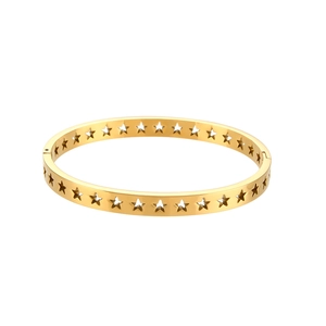 Polished 18K gold plated stainless steel bangle with hollow star pattern design