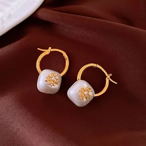 Boucles D'oreilles Créoles Künstliche Perles Carrées Vintage Laiton Plaqué Or 18K Zircon Avec Tige En Argent Pour Femme