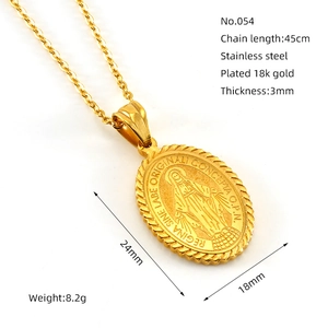Detail of 18k gold plated religious medallion necklace with size and weight measurements
