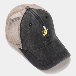 Breathable gray and beige mesh trucker hat with banana embroidery for sun protection