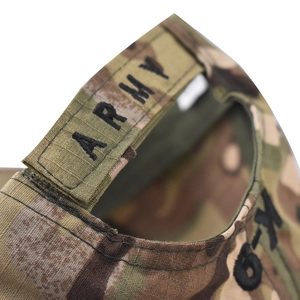 Macro detail of camouflage army cap featuring adjustable strap with black ARMY embroidery