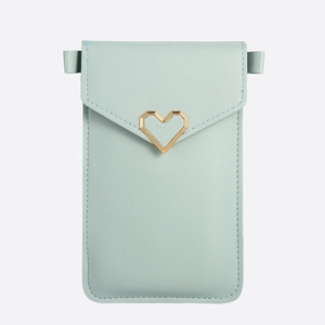 Mint green crossbody phone purse with heart gold buckle and clear touchscreen window
