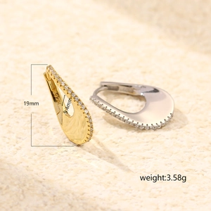 Elegant U-shaped S925 sterling silver hoop earrings with inset diamonds and 19mm height