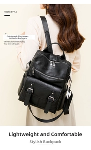 Side view of a vintage black lychee texture leather backpack worn by a model
