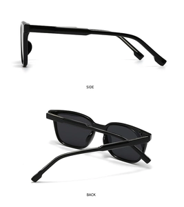 Detail view of black polarized sunglasses showing the side and back geometric temple design