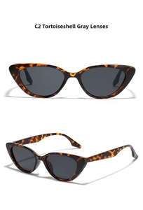 Detail view of tortoiseshell cat-eye sunglasses with grey lenses in model C2