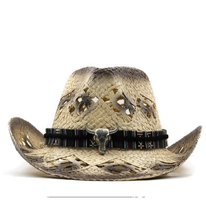 Detailed straw weave pattern of Western cowboy hat with vintage bull skull metal ornament