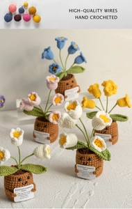 Macro view of hand-crocheted potted flower ornaments with emotional support cards