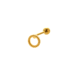 Detail showing golden twisted texture stud earring with secure ball back screw