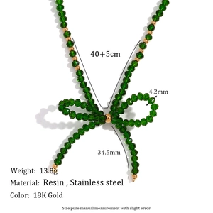 Green crystal bow necklace with 18K gold-plated stainless steel beads, 40+5cm length