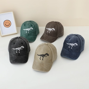 Berretto da Baseball in Cotone Lavato Vintage per Bambini Ricamato Scheletro di Dinosauro Cappello da Sole Regolabile per Ragazzi e Ragazze