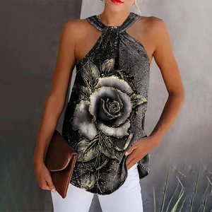 Women's halter top with large white rose print and gold glitter on black background