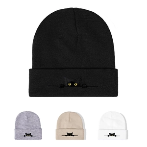 Berretto Maglia Acrilico Ricamo Gatto Cartone Animato Risvolto Caldo Inverno Autunno All Aperto Casual Unisex