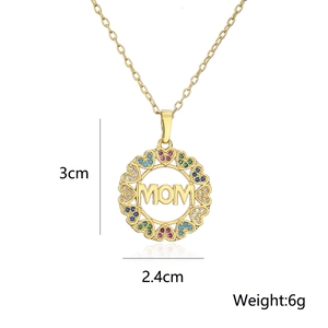 Detail view of 18k gold plated MOM pendant necklace with colorful zirconia and dimensions