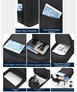 Detailed view of the multi-functional compartments and laptop storage on a black travel backpack